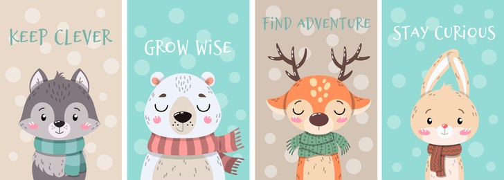 set of four cute little cartoon arctic animals wearing scarves with inspirational text messages above in a poster or card design, colored cartoon vector illustration