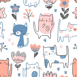 cute simple cats, kittens with flowers. cartoon seamless pattern. perfect for nursery textile design, apparel and covering. blue and pink naive doodle 