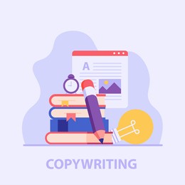 stack of books, content, pencil, bulb, alarm clock. concept of copywriting, journalism, writing, copyright idea, blogging, smm, management. vector illustration in flat design.