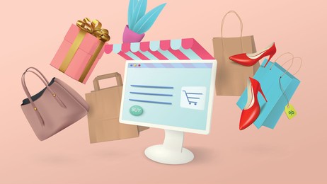 online shopping on your home computer. conceptual banner with shopping items in the form of bags, women's shoes and gifts.