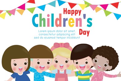 happy children's day background poster with happy children hug their neck and jump isolated vector illustration