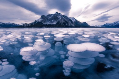 abraham lake winter ice formation bubbles