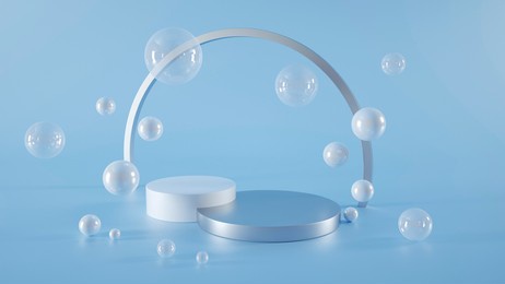 abstract blue scene with geometric shapes. cylindrical podiums in white and metallic colors and a metal cylindrical frame. a stage for advertising products. 3d rendering, 3d illustration