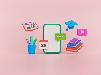 online education, learning concept with a smartphone. minimal design. 3d rendering