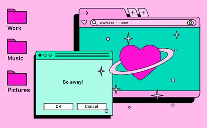 retro vaporwave desktop with message boxes and user interface elements. conceptual illustration of dating app.