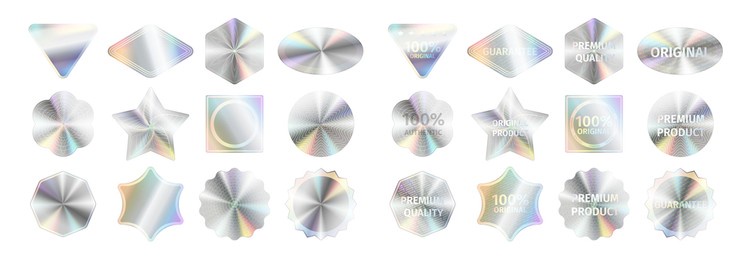 realistic holographic stickers and official seals set. labels with quality certificate and reliability signs for official products. template vector illustration