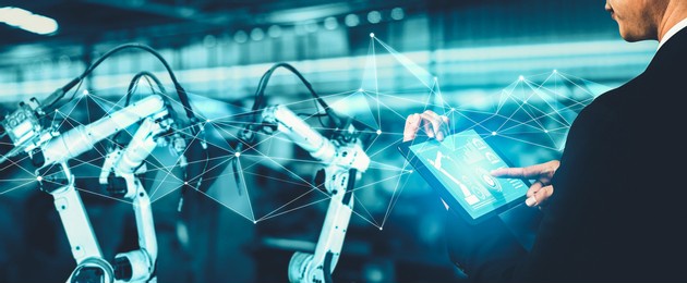 smart industry robot arms for digital factory production technology showing automation manufacturing process of the industry 4.0 or 4th industrial revolution and iot software to control operation .