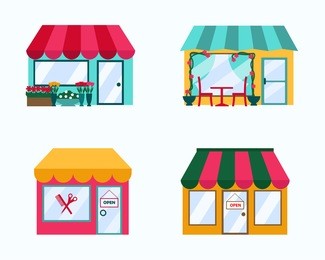 vector set of exterior buildings shop city elements in trendy flat style including flower shop cafe restaurant beauty salon barbershop grocery