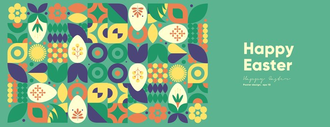 happy easter. flat vector illustration. abstract backgrounds, geometric patterns for the easter holiday. ornament, spring symbols, eggs, rabbit, flowers. poster, banner, flyer. egg packaging label.