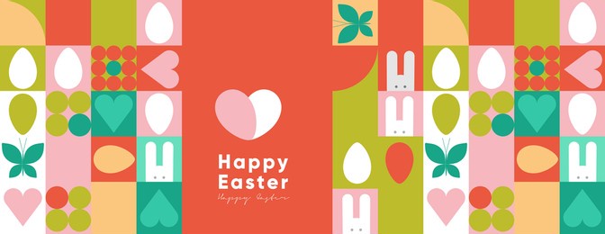 happy easter. flat vector illustration. abstract backgrounds, geometric patterns for the easter holiday. ornament, spring symbols, eggs, rabbit, flowers. poster, banner, flyer. egg packaging label.