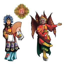 personages of beijing opera, wu sheng (sun wukong or monkey king) and qing yi (zheng dan) with the symbol of happiness, vector illustration