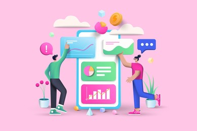 3d data analysis, business, finance and mobile web design concept, user interface optimization. 3d vector illustration