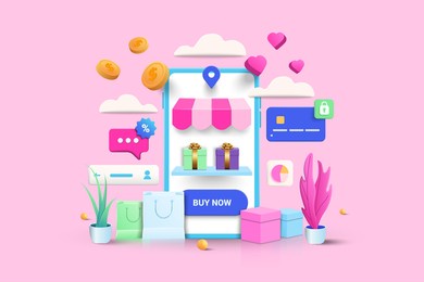 online shopping 3d illustration, online shop, online payment and delivery concept. sale banner, bag, discount, social advertising. 3d vector illustration.