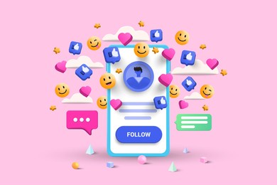 3d social media platform, online social communication applications concept, emoji, hearts, chat and chart with smartphone background. 3d vector illustration
