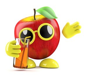 3d render of an apple character drinking juice from a glass