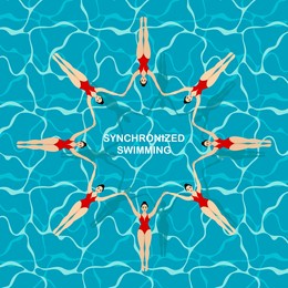 synchronized swimming lettering on a background with different swimmers. group performance in the water.