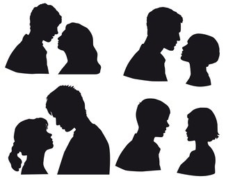 set of silhouettes ?ouple in love, kiss moment. love, kiss, sensuality. isolated on white background, face in profile