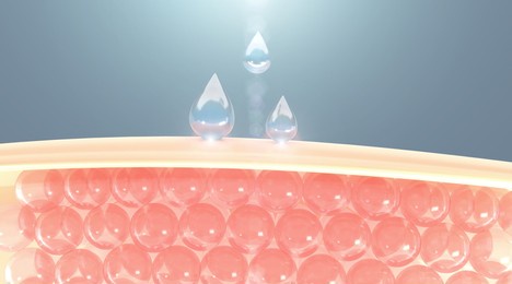 water and vitamin drop on skin cell.
serum through the skin layer and reduce up saggy skin of the skin cell. 3d rendering.  