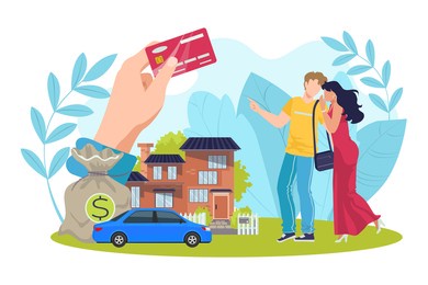 financial credit for shopping, vector illustration. man woman character use banking card for finance deposit and purchase. economy business service