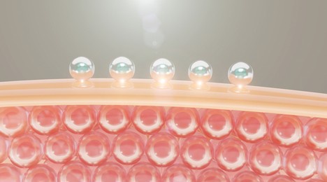 serum and vitamin drop on skin cell.
serum through the skin layer and reduce up saggy skin of the skin cell. 3d rendering.  