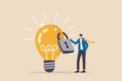 intellectual property, patented protection, copyright reserved or product trademark that cannot copy concept, businessman owner standing with light bulb idea locked with padlock for patents.