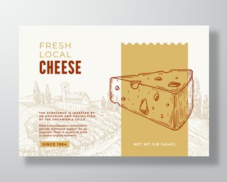 fresh cheese food label template. abstract vector packaging design layout. modern typography banner with hand drawn cheese piece and rural landscape background. isolated.