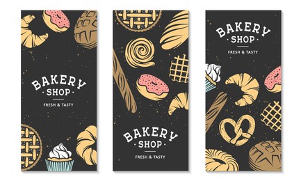 set of 3 bakery flyers or brochure. typography advertising design with bread, pastry, pie, buns, sweets, cupcake. collection of modern linear graphic design vertical banner template. bakery shop.
