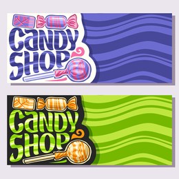 banners for candy shop with copy space, 3 wrapped candies in colorful plastic package, original brush typeface for words candy shop, in layouts flyer blue and green waves background for text.