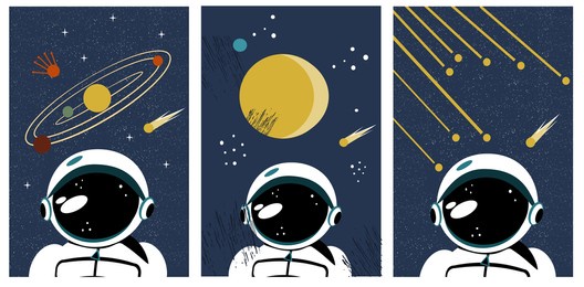 vintage space poster: astronaut in space. retro posters on space themes. cosmonaut and the solar system.