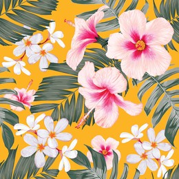 seamless pattern floral with pink pastel hibiscus and frangipani flowers on isolated yellow background.vector illustration hand drawn.for fabric fashion print design or product packaging.