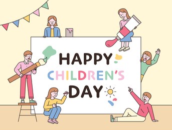 children are playing around a large message card. flat design style minimal vector illustration.