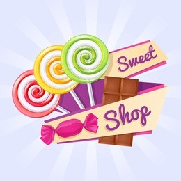 sweet shop poster. background with lollipops, candy and chocolate bar on ribbon.