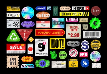 sticker pack. price stickers. peeled paper stickers. price tag. isolated on black background