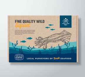 fine quality seafood cardboard box. abstract vector food packaging label design. modern typography and hand drawn squid and fishes silhouettes. sea bottom landscape background layout with banner.