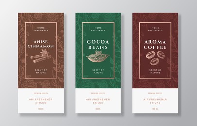 home fragrance vector label templates set. hand drawn sketch cinnamon, coffee, cocoa beans and flowers background with typography. room perfume packaging design layout. realistic mockup. isolated.