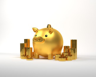 3d rendering gold piggy bank with gold coin