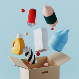 minimal background for online shopping and digital marketing concept. delivery box and grocery on blue background. 3d rendering illustration. clipping path of each element included.