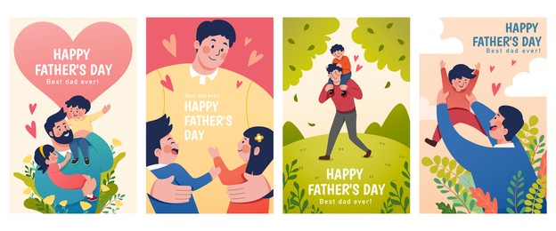set of father's day illustrations depict dads taking care of their children. concept of fatherhood, parenting, and childhood in flat design.