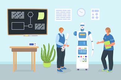 lesson on electronic robotic technology, vector illustration. man woman people character study computer robot in class, cartoon programming activity.