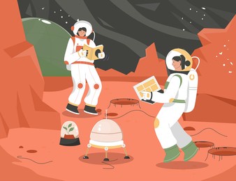 colonization mission of mars scene. female astronauts doing research, scientific reports. scientists studying plants, work at laptop, read book. women in astronautics. vector character illustration