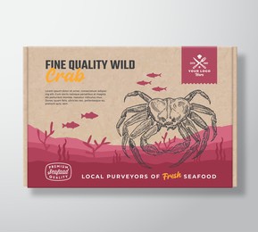 fine quality seafood cardboard box. abstract vector food packaging label design. modern typography and hand drawn crab and fishes silhouettes. sea bottom landscape background layout with banner.