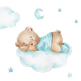 cute little bear boy sleeping on blue cloud; watercolor hand drawn illustration; can be used for baby shower or kid posters; with white isolated background