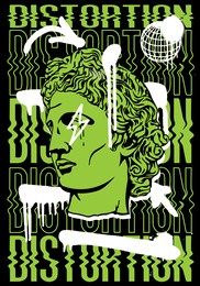 distortion slogan text with head statue and spray print for tee and poster