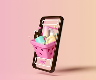 minimal background for online shopping and digital marketing concept. mobile phone with grocery and basket on pink background. 3d rendering illustration. clipping path of each element included.