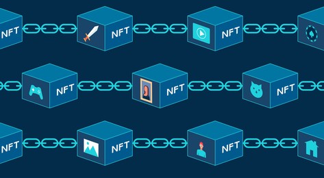 concept of nft, non-fungible tokens, digital items for crypto art, game, video, collectible sale on internet online marketplace with virtual blocks on blockchain technology, flat vector illustration