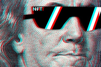 concept cryptographic nft on a hundred-dollar bill franklin in glasses.