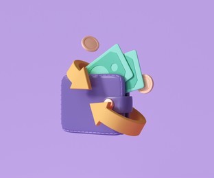 cashback and money refund icon concept. wallet, dollar bill and coin stack, online payment on pink background. 3d render illustration 