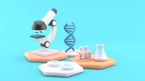 dna surrounds microscopy and laboratory equipment on a blue background.-3d rendering.
