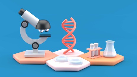dna surrounds microscopy and laboratory equipment on a blue background.-3d rendering.
