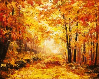 oil painting landscape - colorful autumn forest